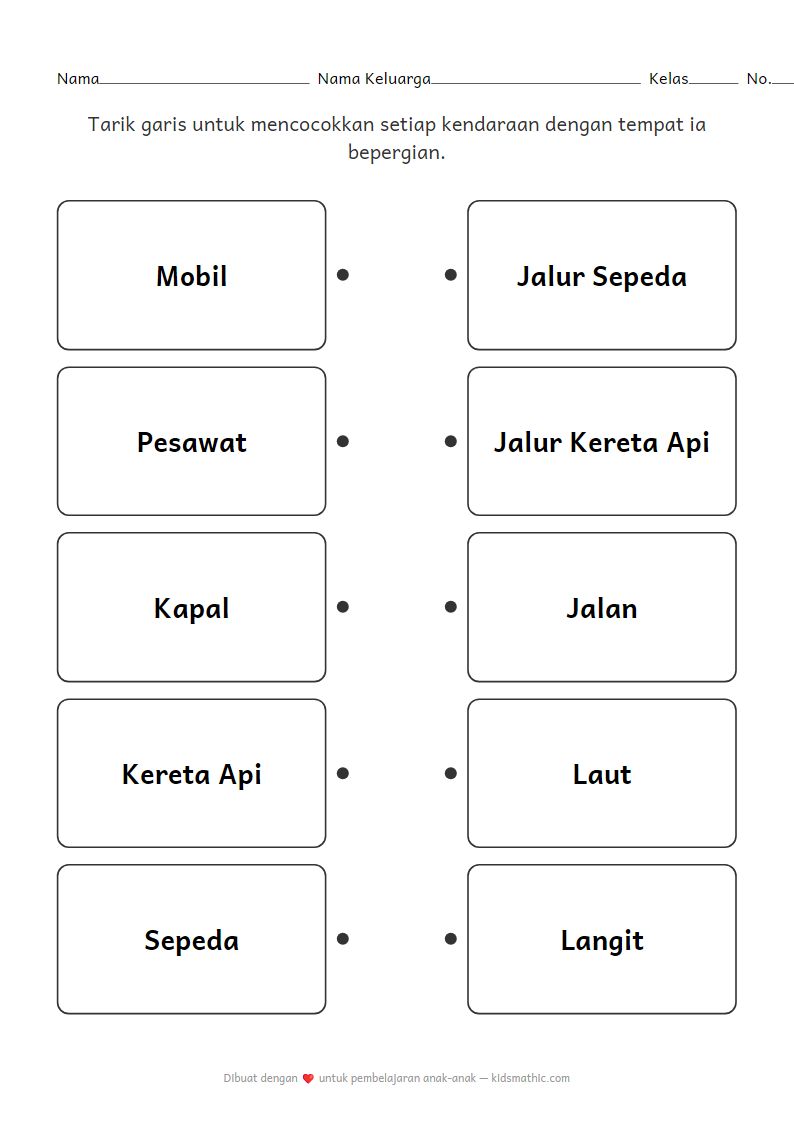Lembar Kerja Mencocokkan Kendaraan dan Lokasi untuk Anak Prasekolah