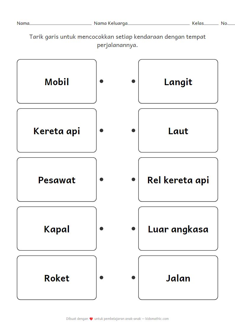Lembar Kerja Mencocokkan Kendaraan dan Lokasinya untuk Anak TK