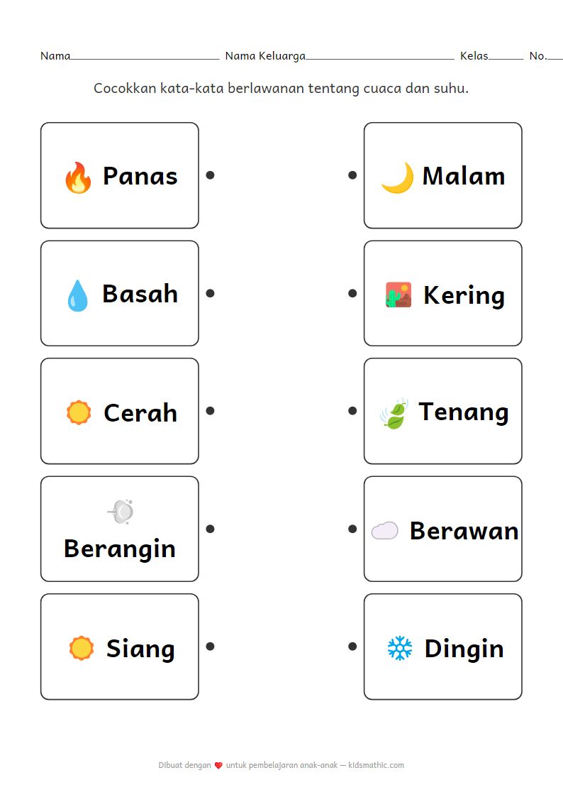 Lembar Kerja Mencocokkan Kata Berlawanan Cuaca dan Suhu untuk Anak Prasekolah