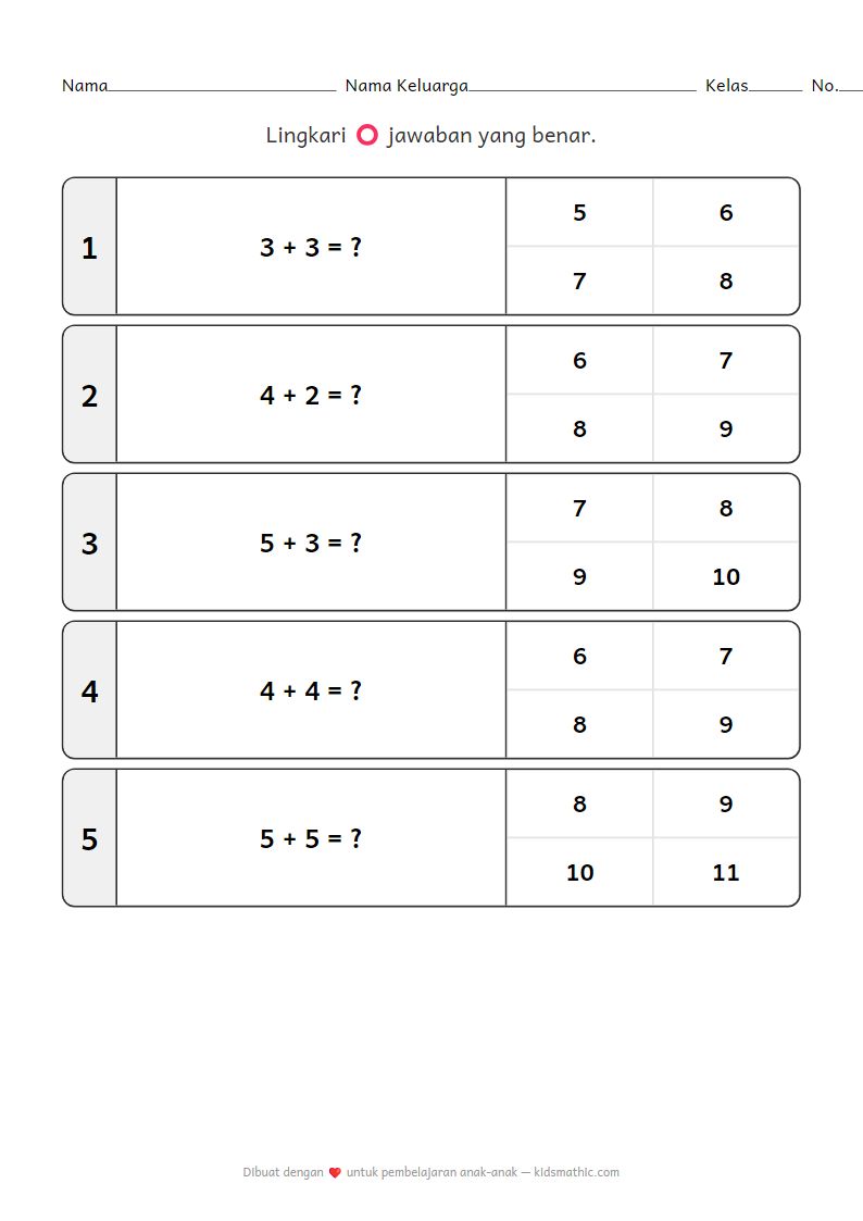 Lembar Kerja Penjumlahan Mudah Jumlah 6-10 untuk TK