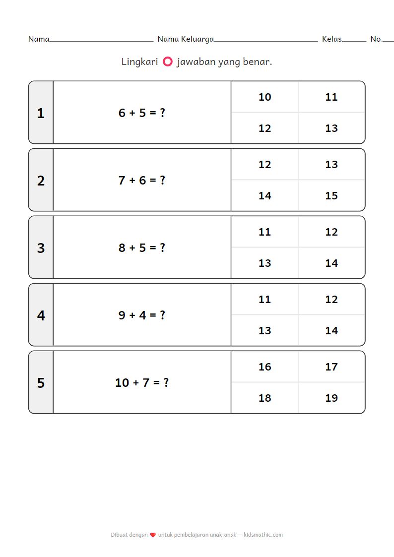 Lembar Kerja Penjumlahan 11-20 untuk TK