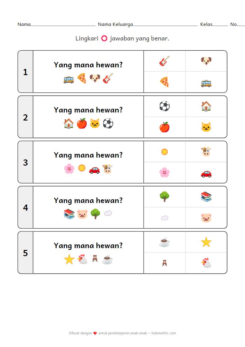 Lembar Kerja Klasifikasi Hewan untuk Anak Prasekolah