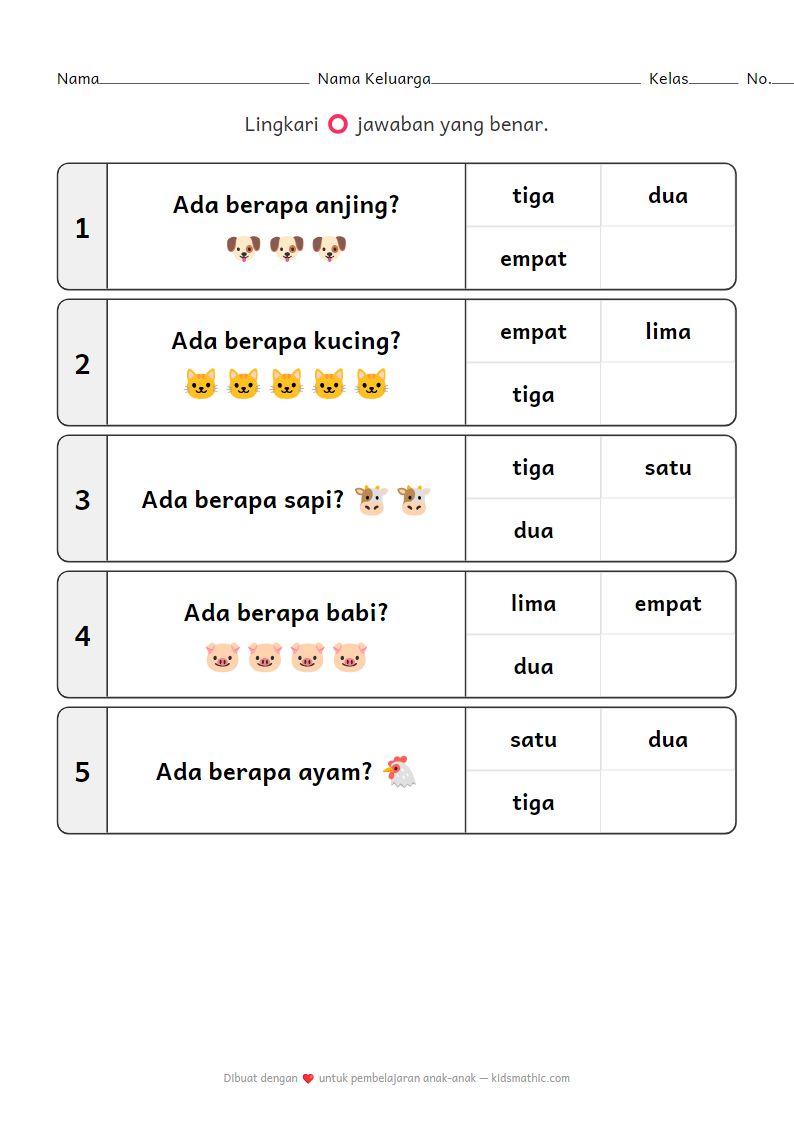 Lembar Kerja Menghitung Hewan 1-5 untuk Anak Prasekolah: Latihan Matematika Awal