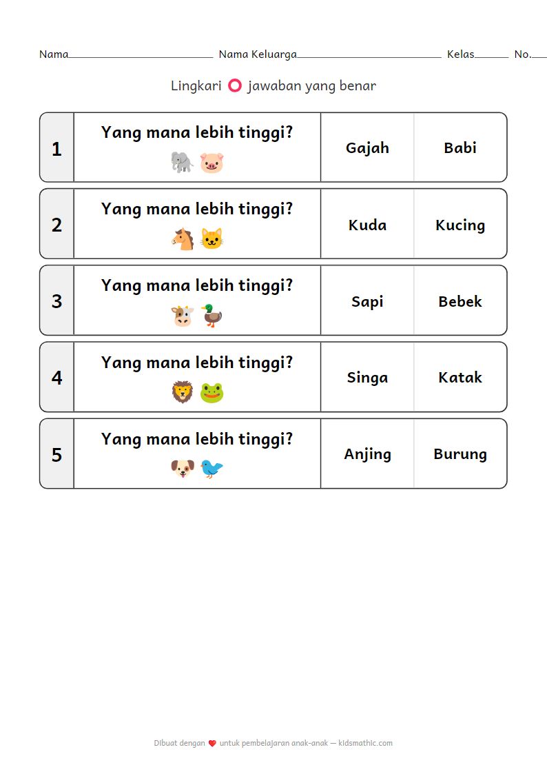 Lembar Kerja Perbandingan Tinggi Hewan untuk Anak Prasekolah