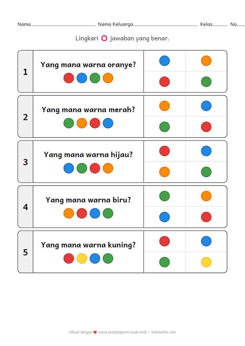 Lembar Kerja Pencocokan dan Pemilihan Warna Dasar untuk Anak Prasekolah 3-4 Tahun