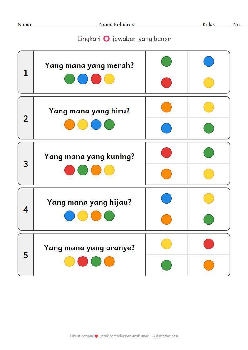 Lembar Kerja Pencocokan Warna: Temukan Warna yang Benar untuk Anak Prasekolah