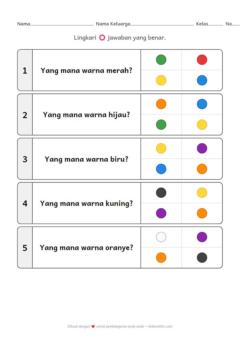 Lembar Kerja Identifikasi Warna: Lingkari Warna yang Benar untuk Anak Prasekolah