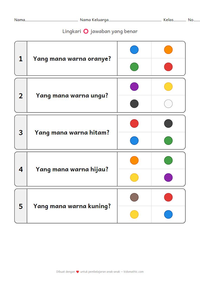 Lembar Kerja Mencocokkan Warna untuk Anak Prasekolah