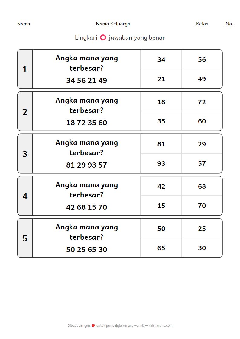 Lembar Kerja: Membandingkan Angka 2 Digit - Temukan yang Terbesar untuk Anak Prasekolah