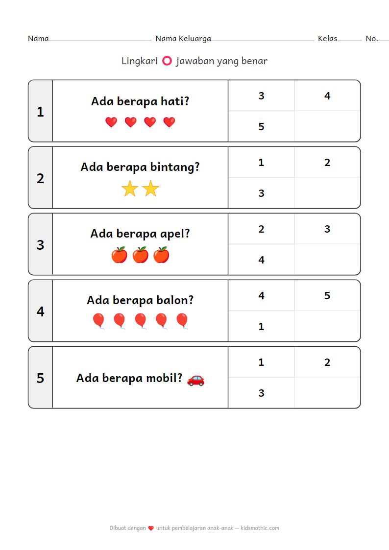 Lembar Kerja Matematika: Hitung Emoji 1-5 untuk Anak Prasekolah