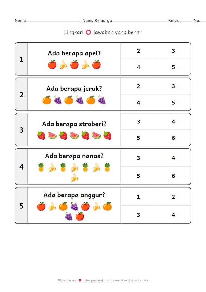 Lembar Kerja Menghitung Buah Campuran untuk Anak Pra-Sekolah