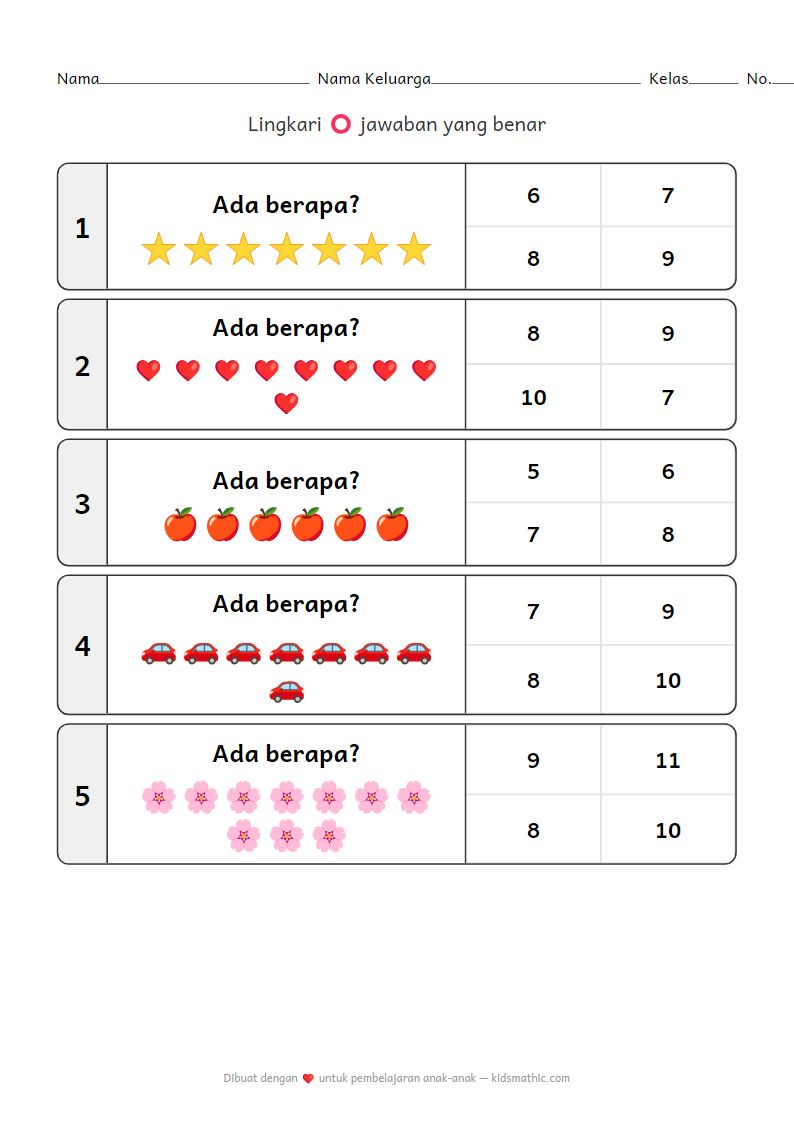 Lembar Kerja Menghitung Emoji untuk TK 2 (6-10)