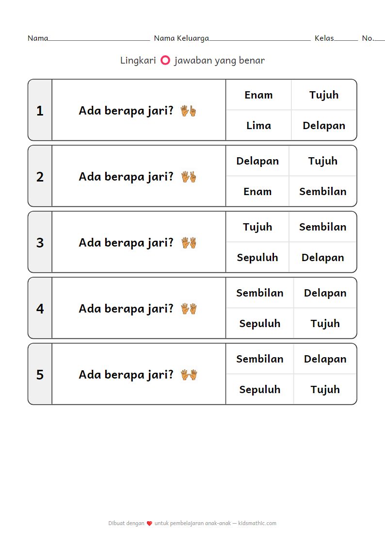 Lembar Kerja Menghitung Jari 6-10 untuk TK