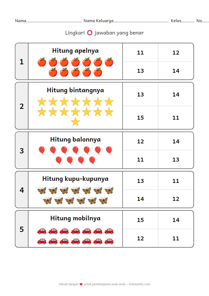 Lembar Kerja Berhitung 11-15 untuk TK