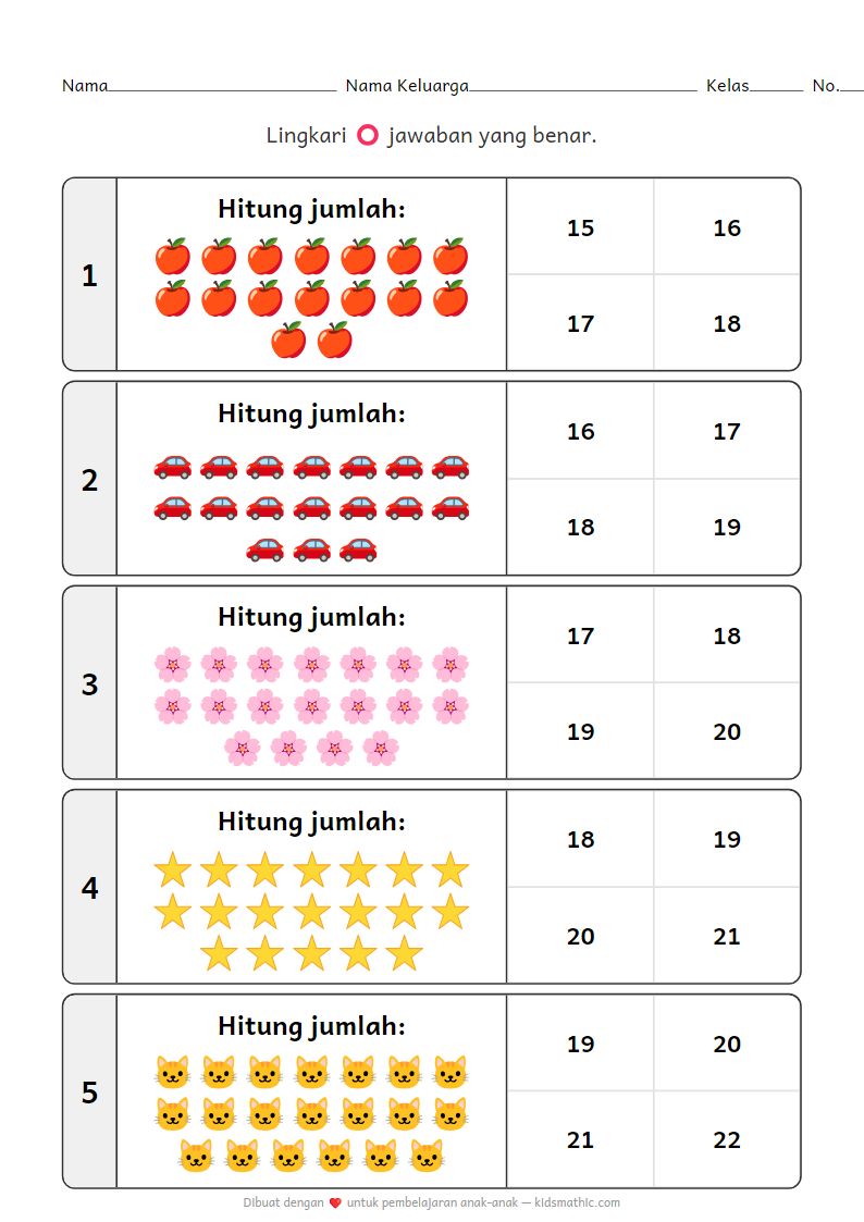 Lembar Kerja Matematika Prasekolah: Menghitung Angka 16-20 untuk K3