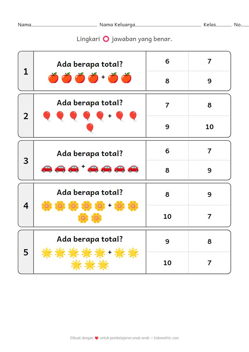 Lembar Kerja Berhitung untuk TK (6-10)