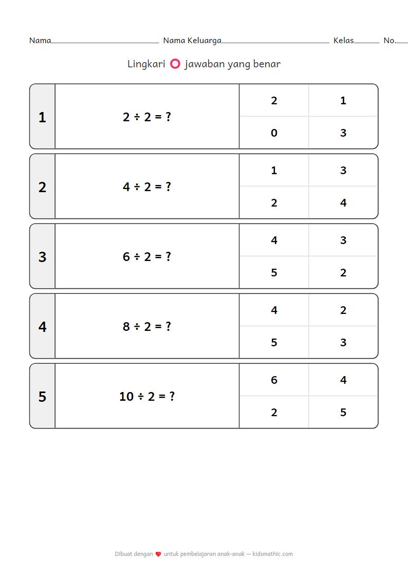 Lembar Kerja Matematika Pembagian Mudah untuk Anak TK Usia 5-6 Tahun