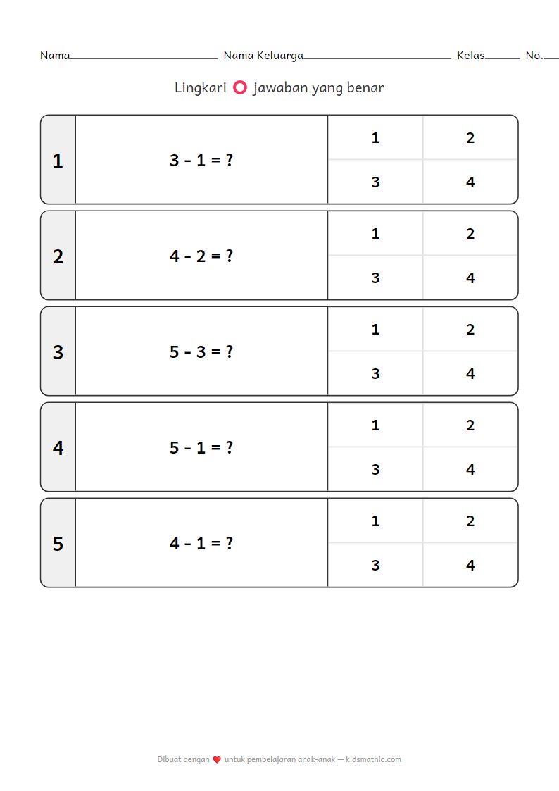 Lembar Kerja Pengurangan Mudah untuk Taman Kanak-kanak 1 | Angka 1-5
