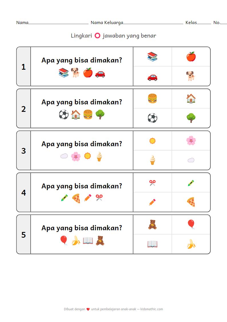 Lembar Kerja Mencocokkan Benda yang Bisa Dimakan untuk Anak Prasekolah