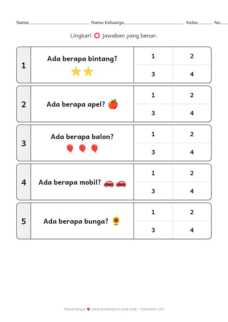 Lembar Kerja Menghitung Emoji Sederhana untuk Taman Kanak-kanak