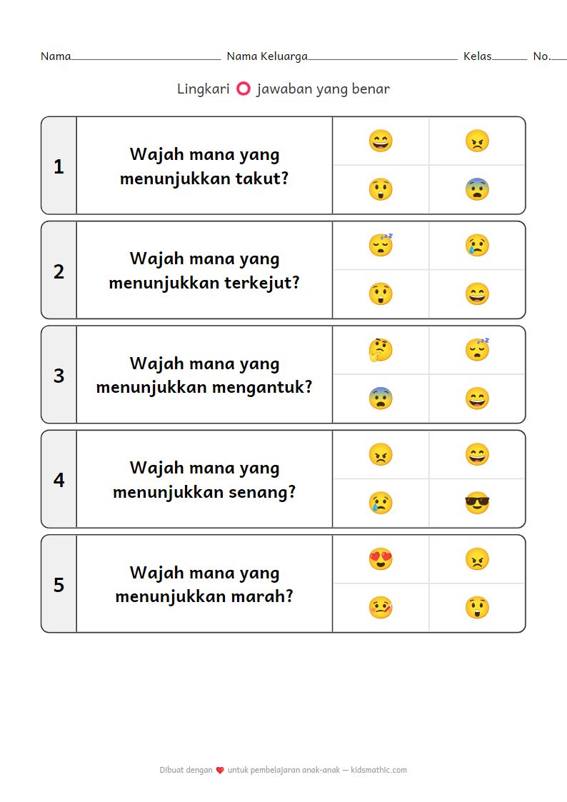 Lembar Kerja Pengenalan Emosi untuk Anak Prasekolah