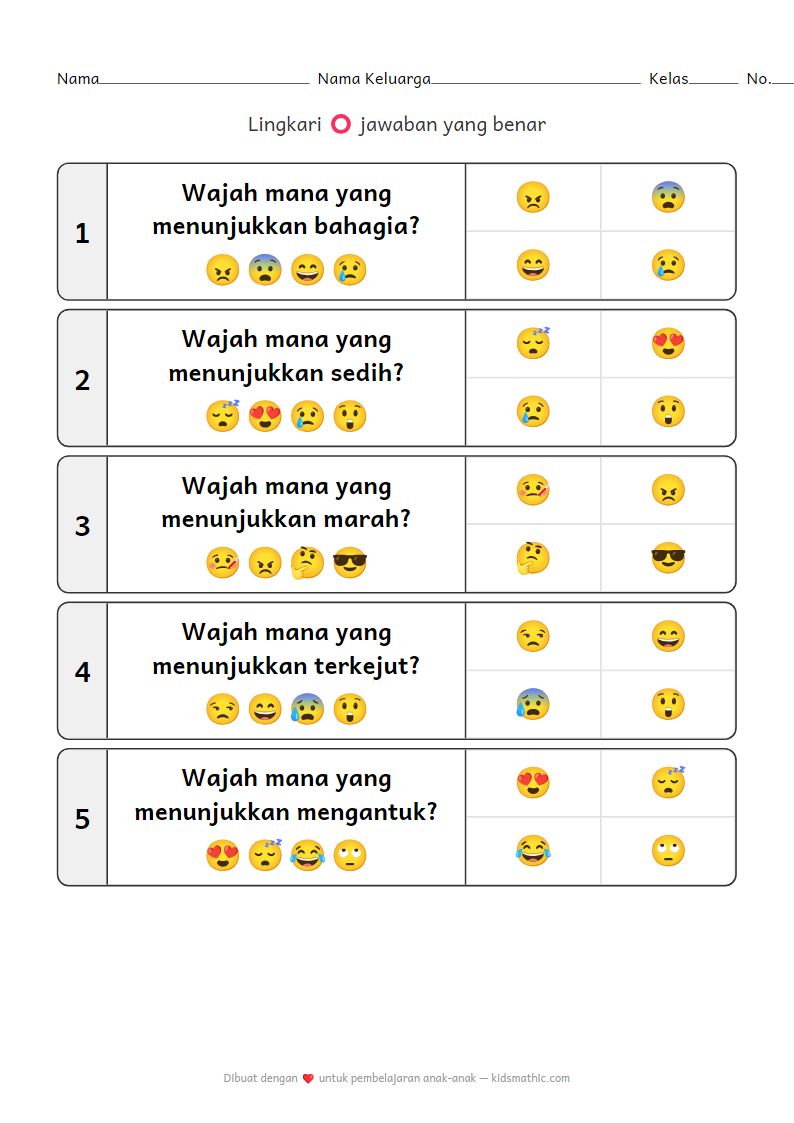 Lembar Kerja Pengenalan Emosi untuk Anak Prasekolah
