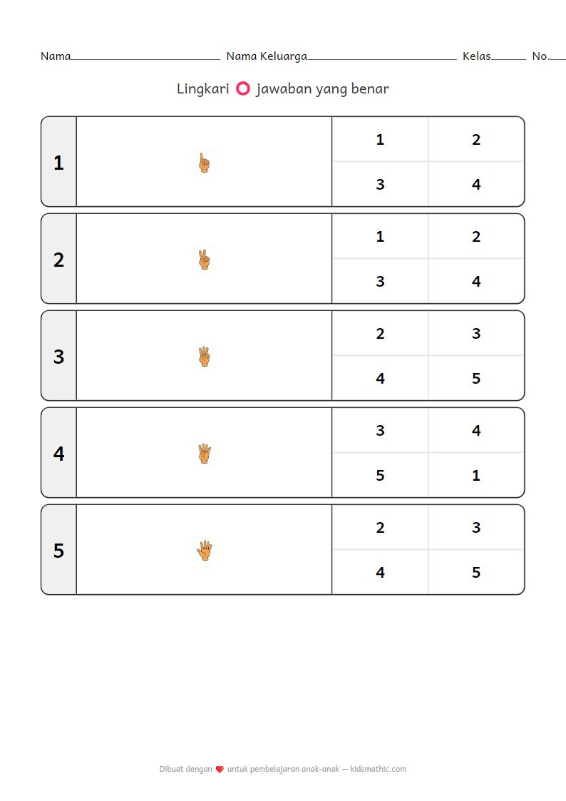 Lembar Kerja Menghitung Jari 1-5 untuk Anak Prasekolah