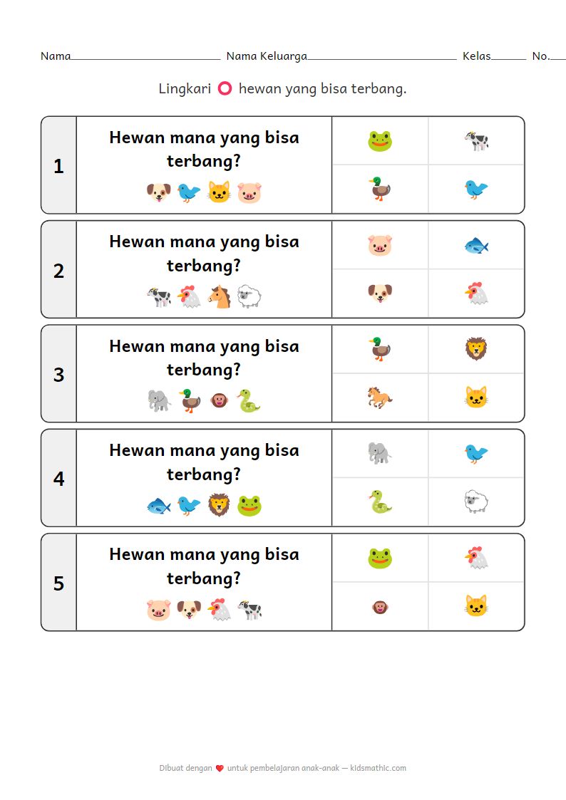 Lembar Kerja Mencocokkan Hewan Terbang untuk Anak TK