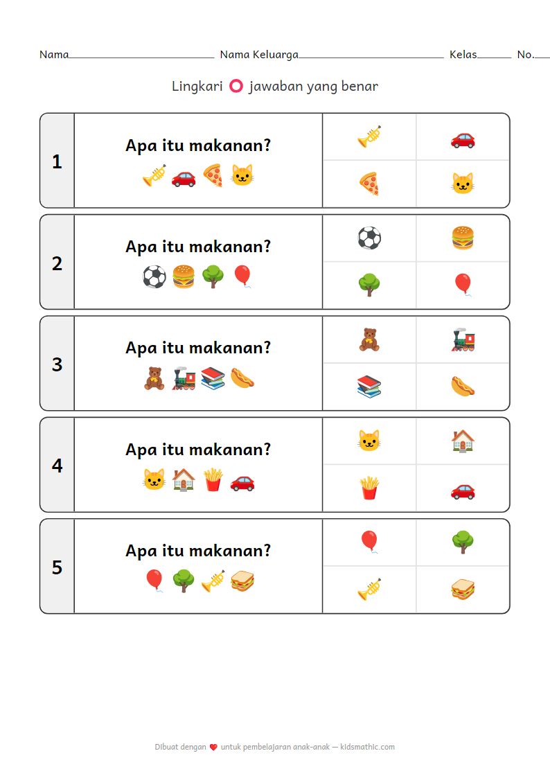 Lembar Kerja Menyenangkan Mencocokkan Makanan untuk Anak Prasekolah