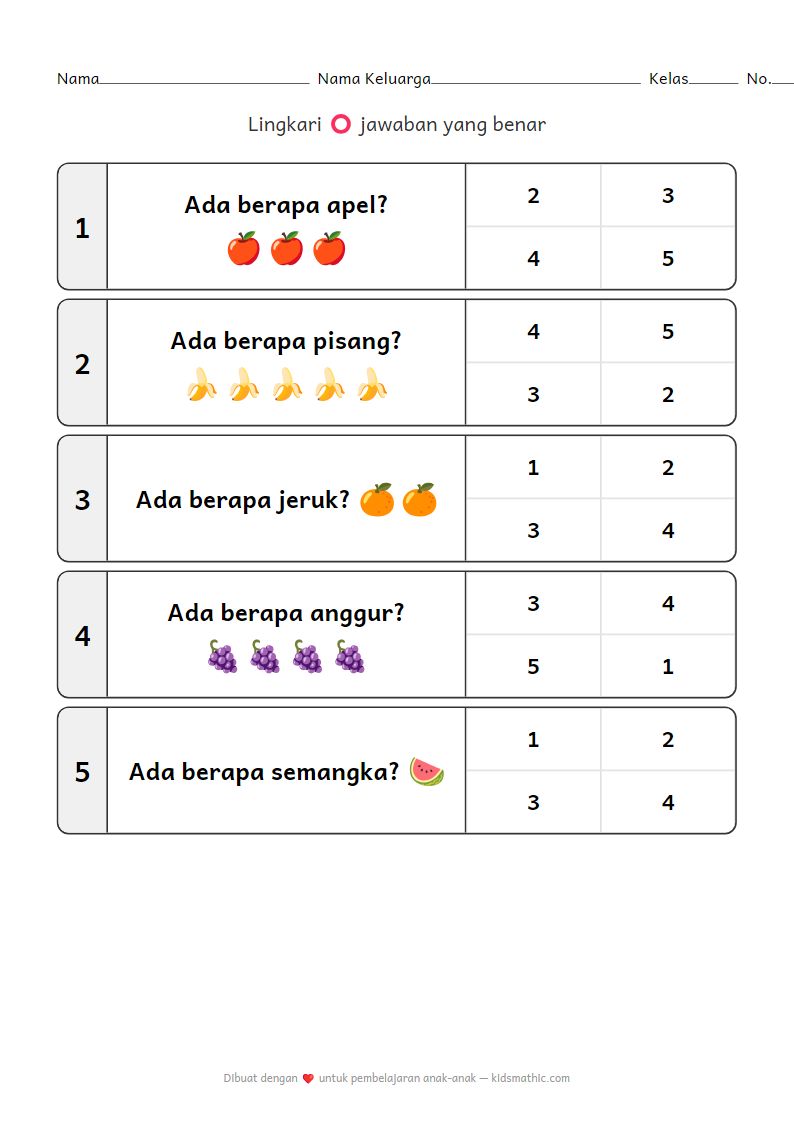 Lembar Kerja Menghitung Buah 1-5 untuk Anak Prasekolah