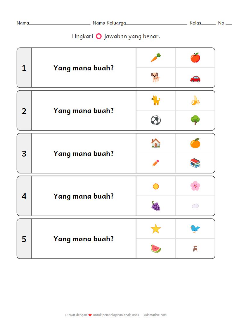 Lembar Kerja Menyortir Buah dan Benda untuk Anak Prasekolah