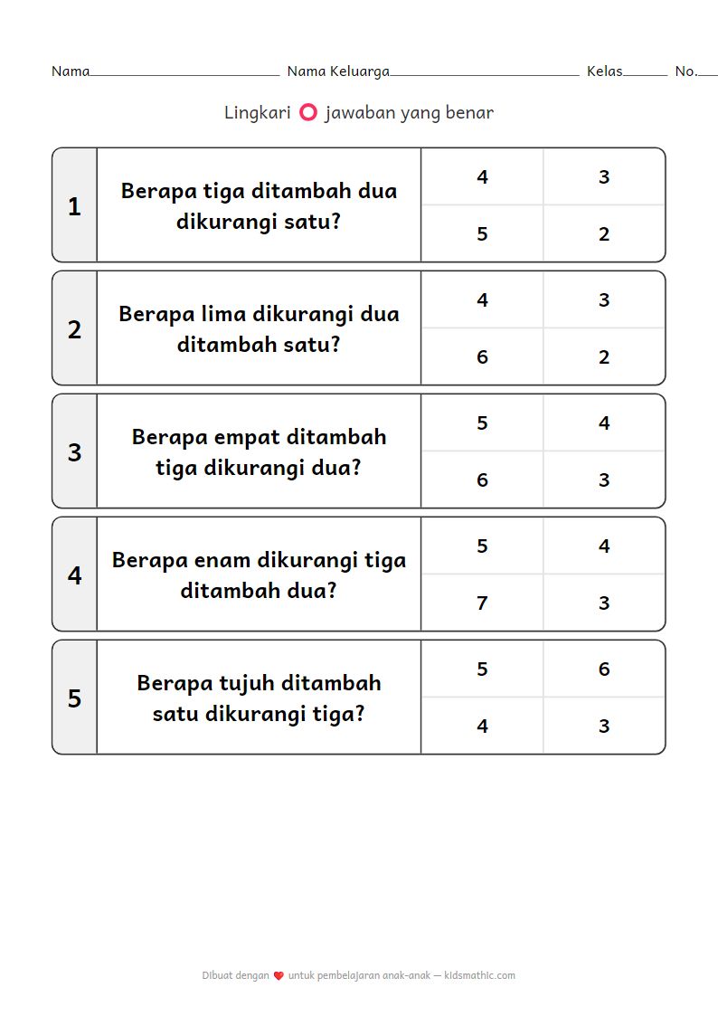 Lembar Kerja Matematika TK: Penjumlahan dan Pengurangan hingga 10