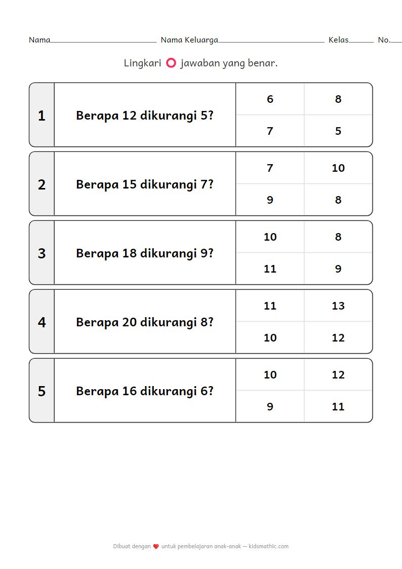 Lembar Kerja Pengurangan untuk TK 3: Soal 11-20