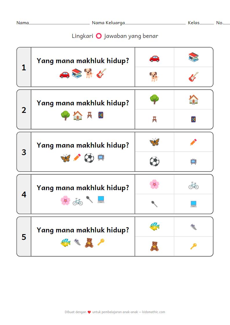 Lembar Kerja Makhluk Hidup & Benda Mati | Sains untuk Anak Prasekolah