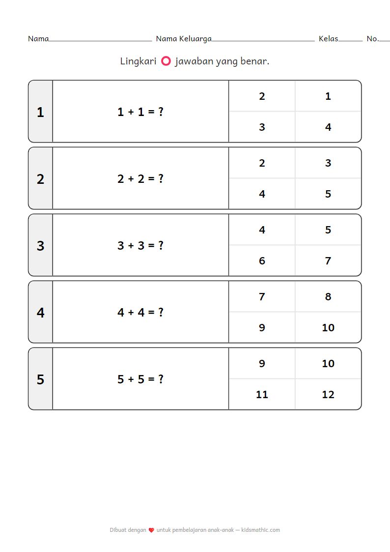 Lembar Kerja Penjumlahan Angka Kembar (Doubles) untuk TK
