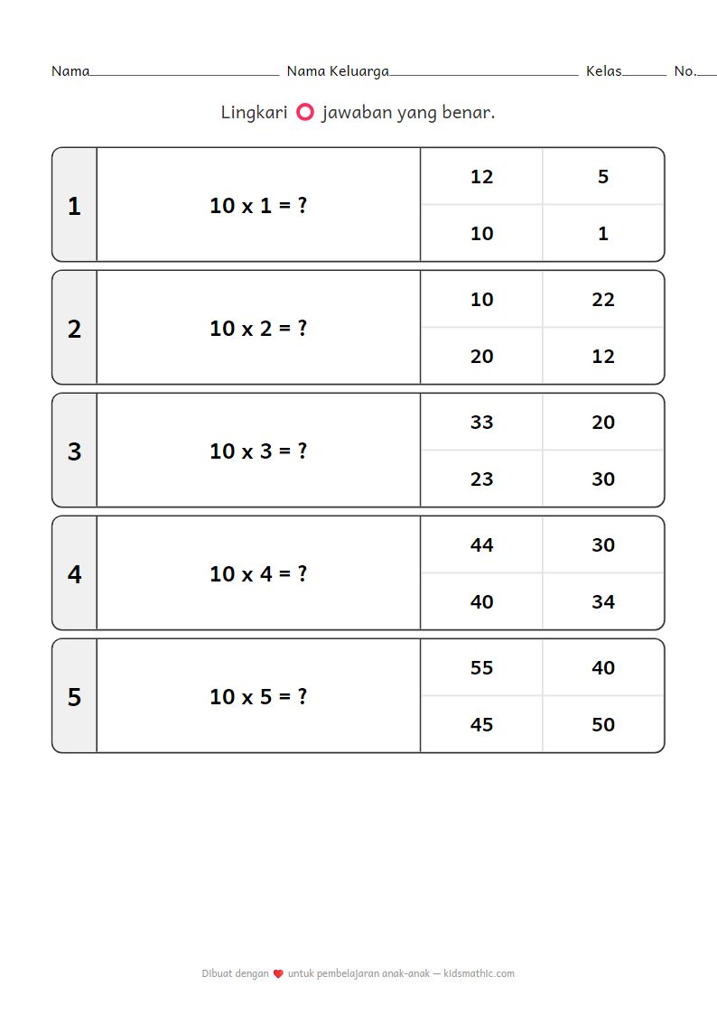 Lembar Kerja Perkalian 10 untuk Taman Kanak-kanak