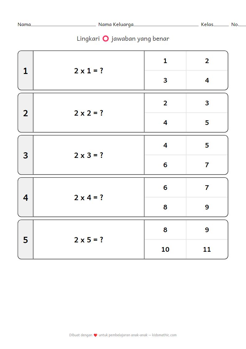 Lembar Kerja Perkalian: Tabel 2 untuk TK3 Pra-Sekolah Dasar