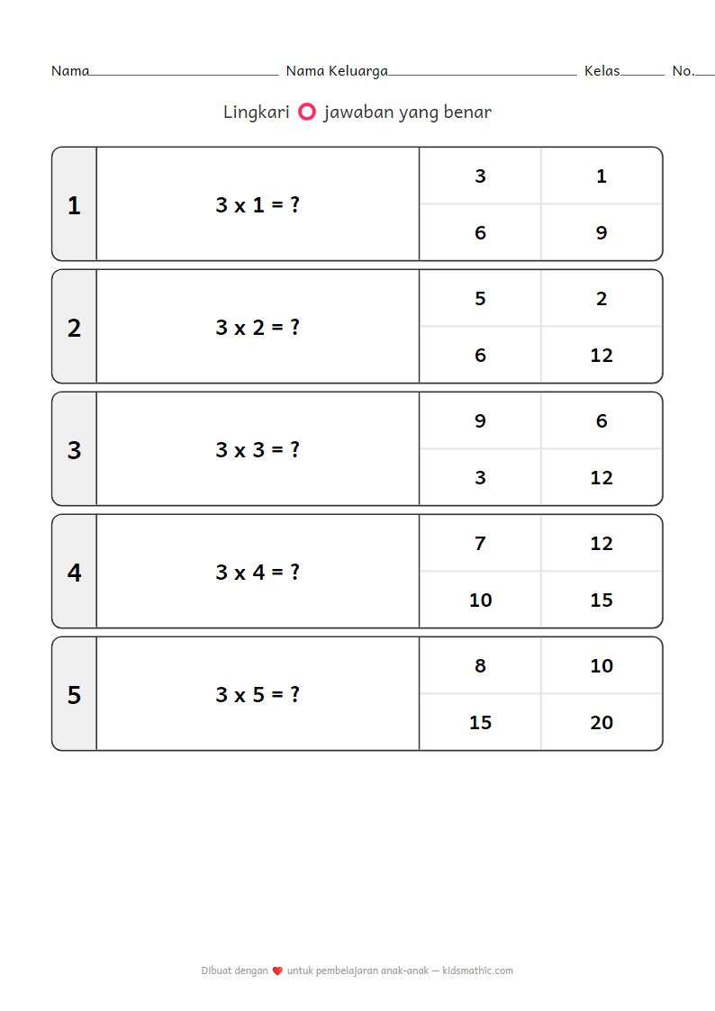 Lembar Kerja Perkalian Angka 3: Perkalian Dasar untuk Taman Kanak-kanak