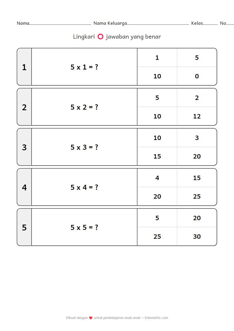 Lembar Kerja Perkalian Angka 5 untuk Taman Kanak-kanak