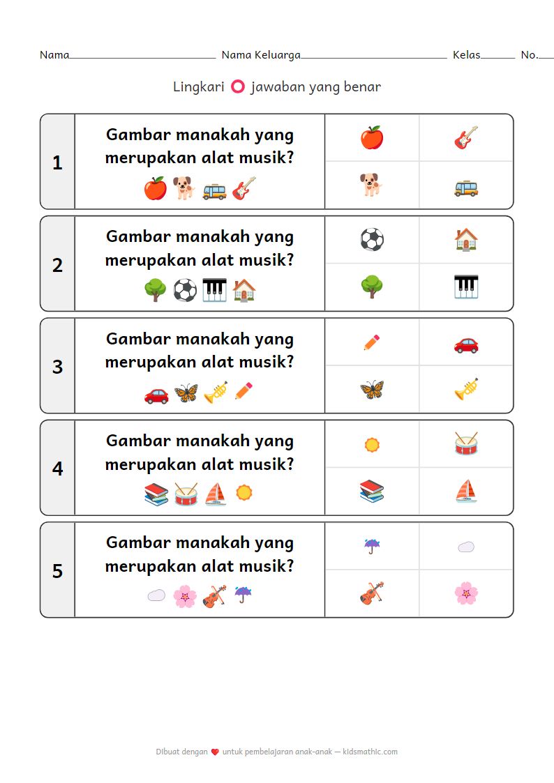 Lembar Kerja Mencocokkan Alat Musik untuk Taman Kanak-kanak