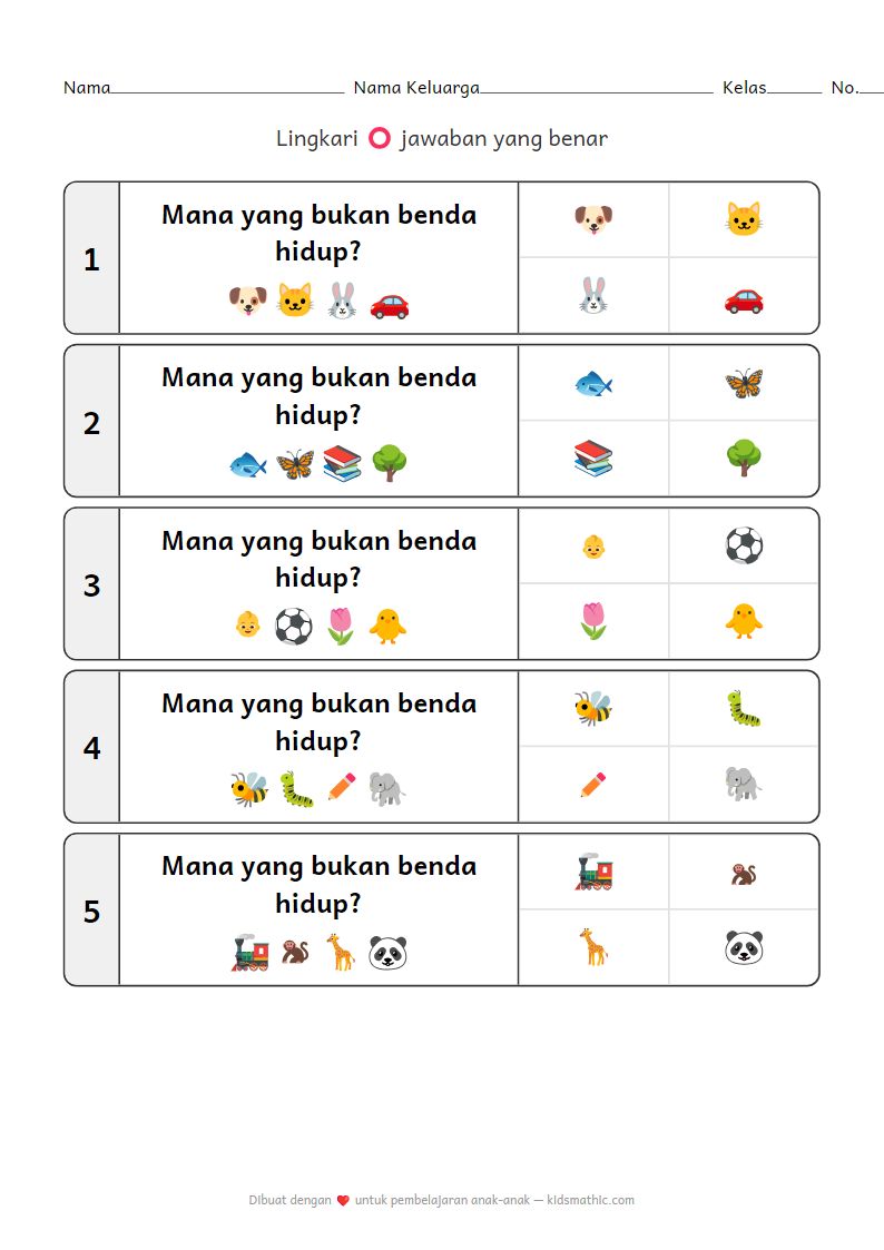 Lembar Kerja Mengelompokkan Benda Mati untuk Anak Prasekolah