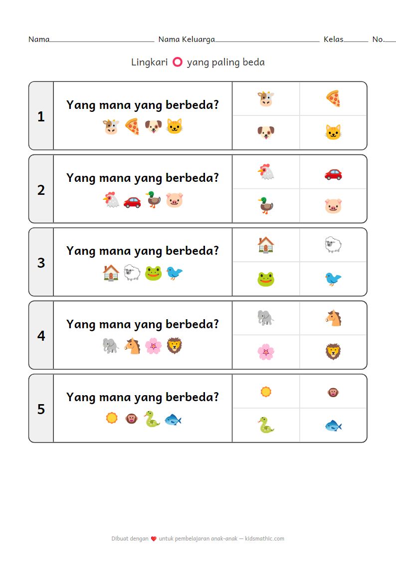Lembar Kerja Si Paling Beda: Hewan dan Benda untuk TK