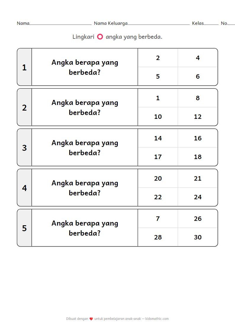 Lembar Kerja Angka Genap Ganjil Mencari yang Berbeda untuk Anak TK