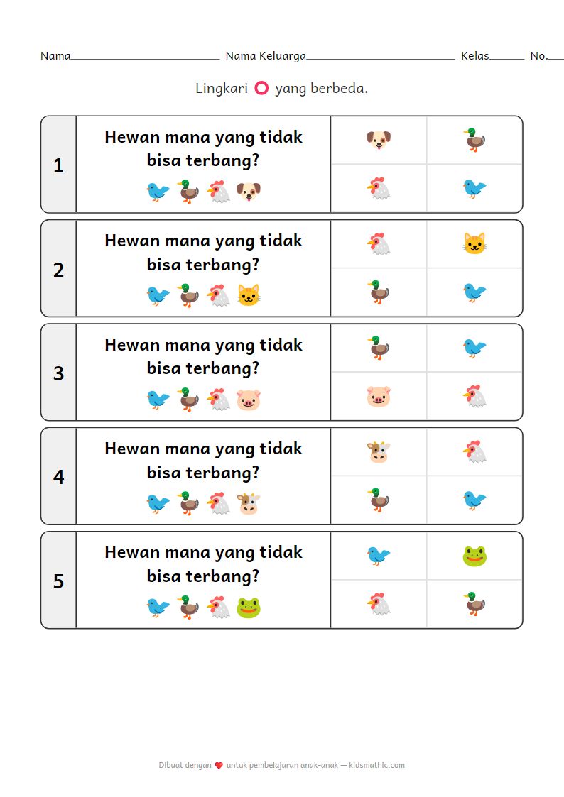 Lembar Kerja Mencari yang Berbeda: Hewan Terbang vs. Tidak Terbang untuk Anak Prasekolah