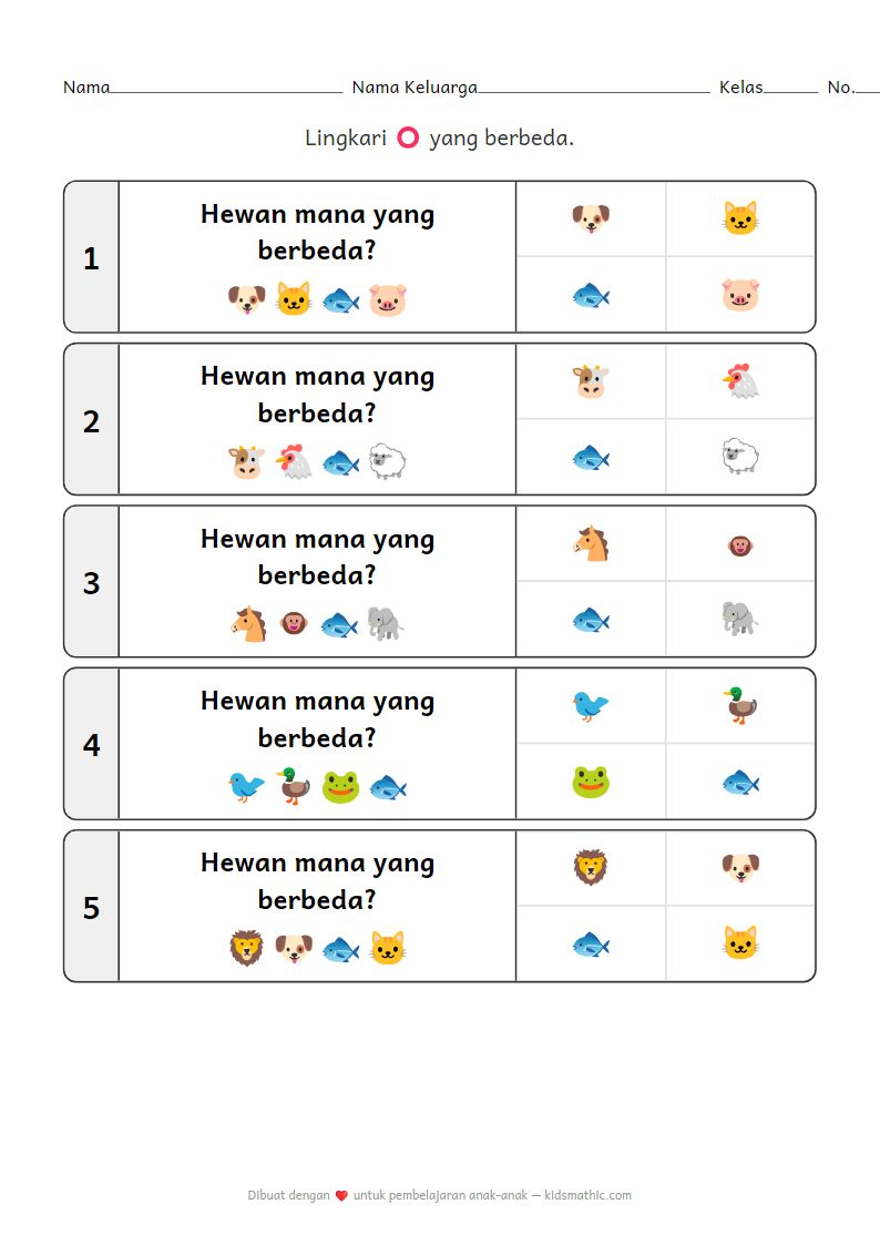 Lembar Kerja 'Yang Berbeda': Hewan Darat dan Air untuk Anak Prasekolah