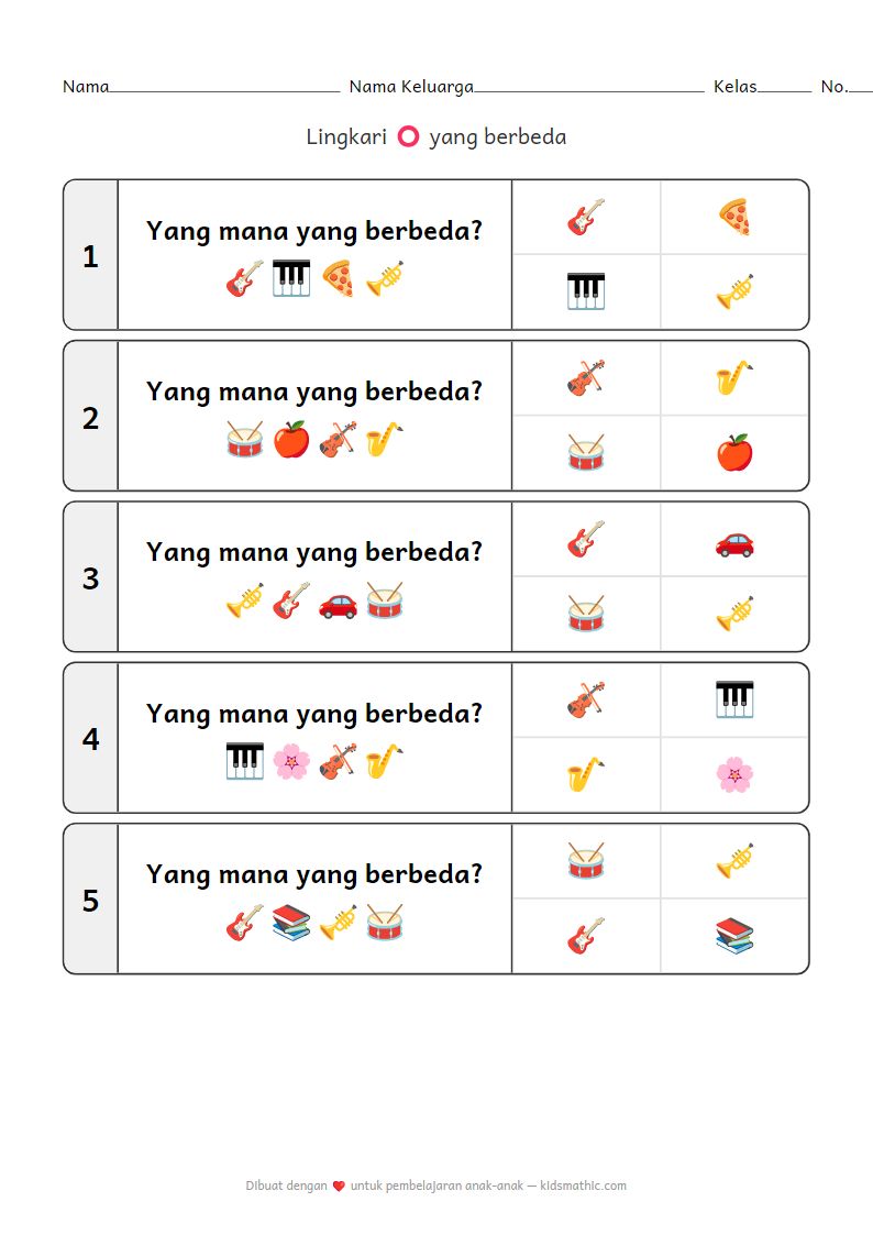 Lembar Kerja Temukan yang Berbeda Alat Musik untuk Anak Prasekolah