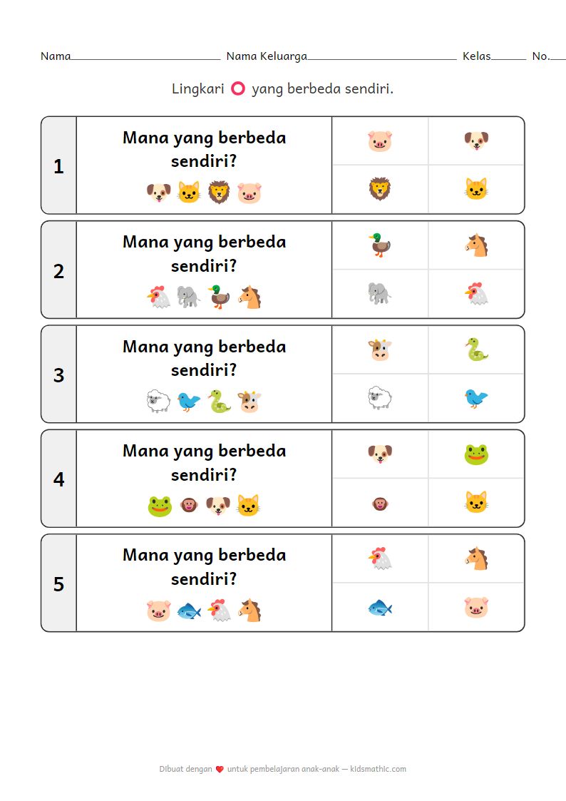 Lembar Kerja Tebak Ganjil: Hewan Peliharaan dan Hewan Liar untuk Anak Prasekolah