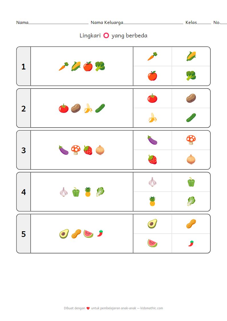 Lembar Kerja Mencari yang Berbeda: Sayuran dan Buah untuk Anak Prasekolah