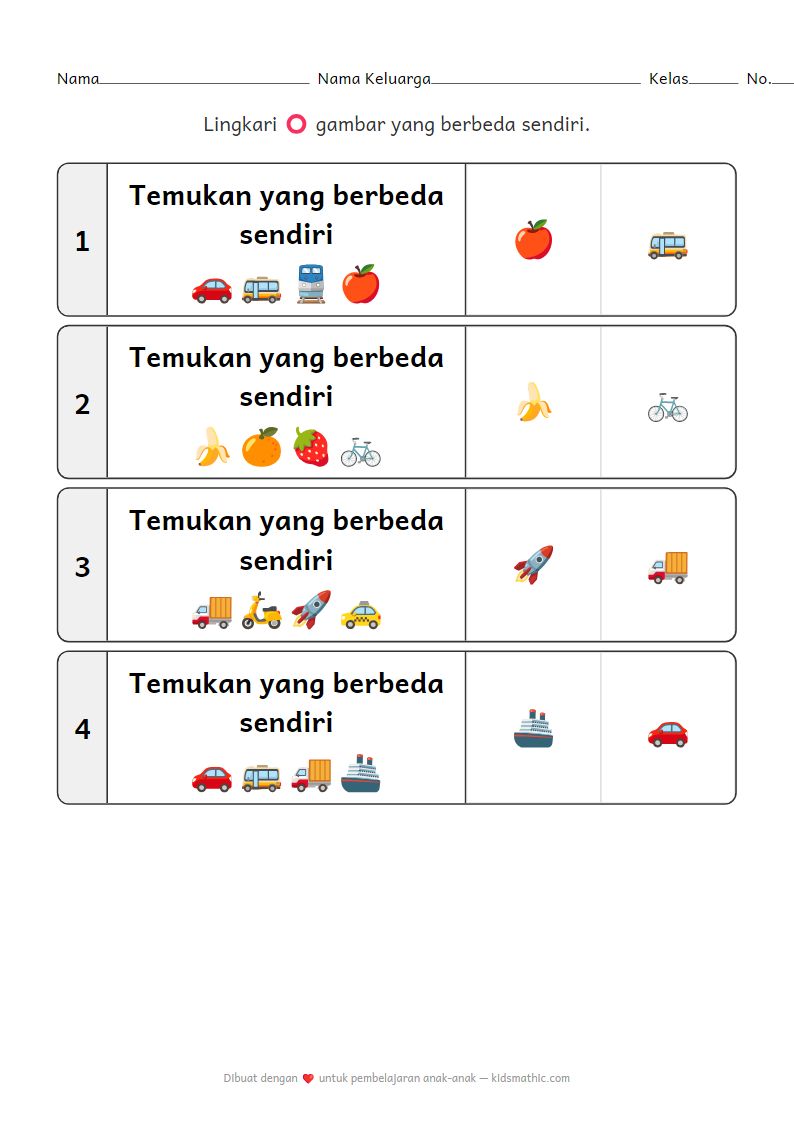 Lembar Kerja 'Yang Berbeda Sendiri' untuk Anak Prasekolah