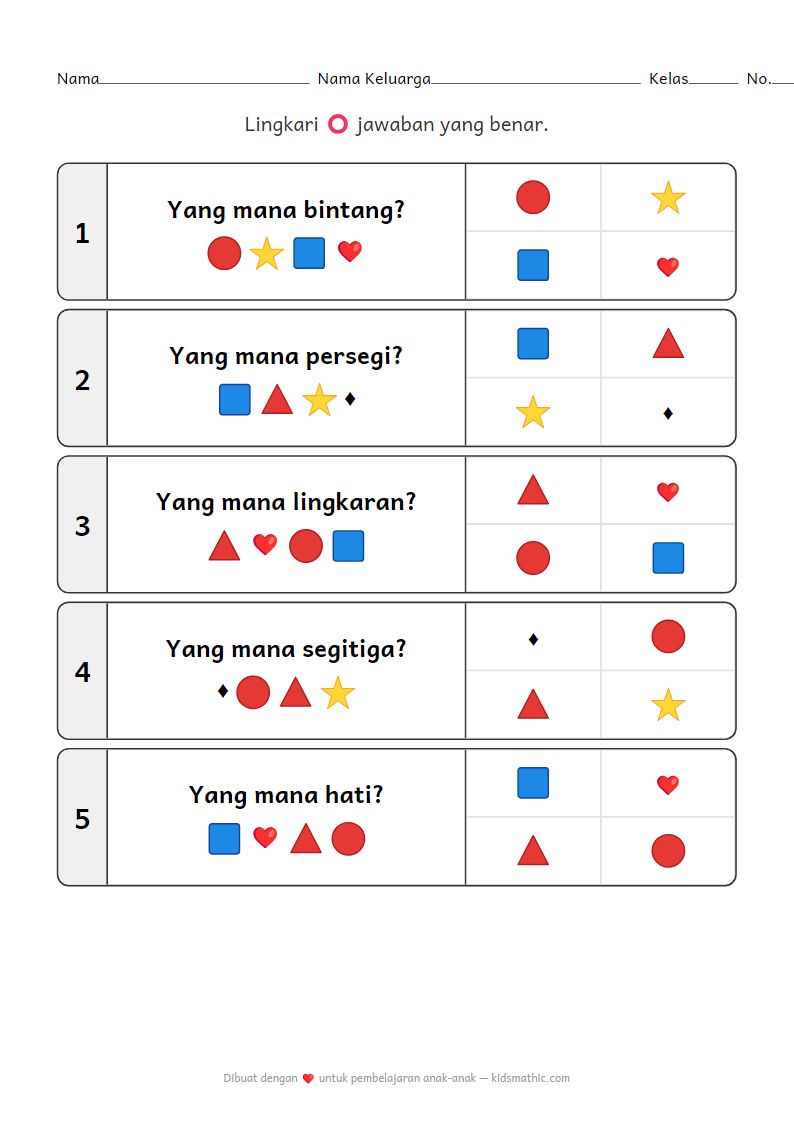 Lembar Kerja Mencocokkan Bentuk Prasekolah: Mengidentifikasi Bentuk Dasar